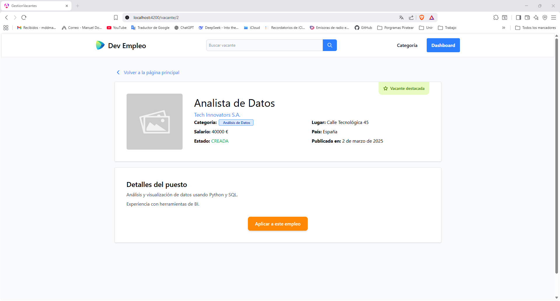 Vista de detalle de una vacante